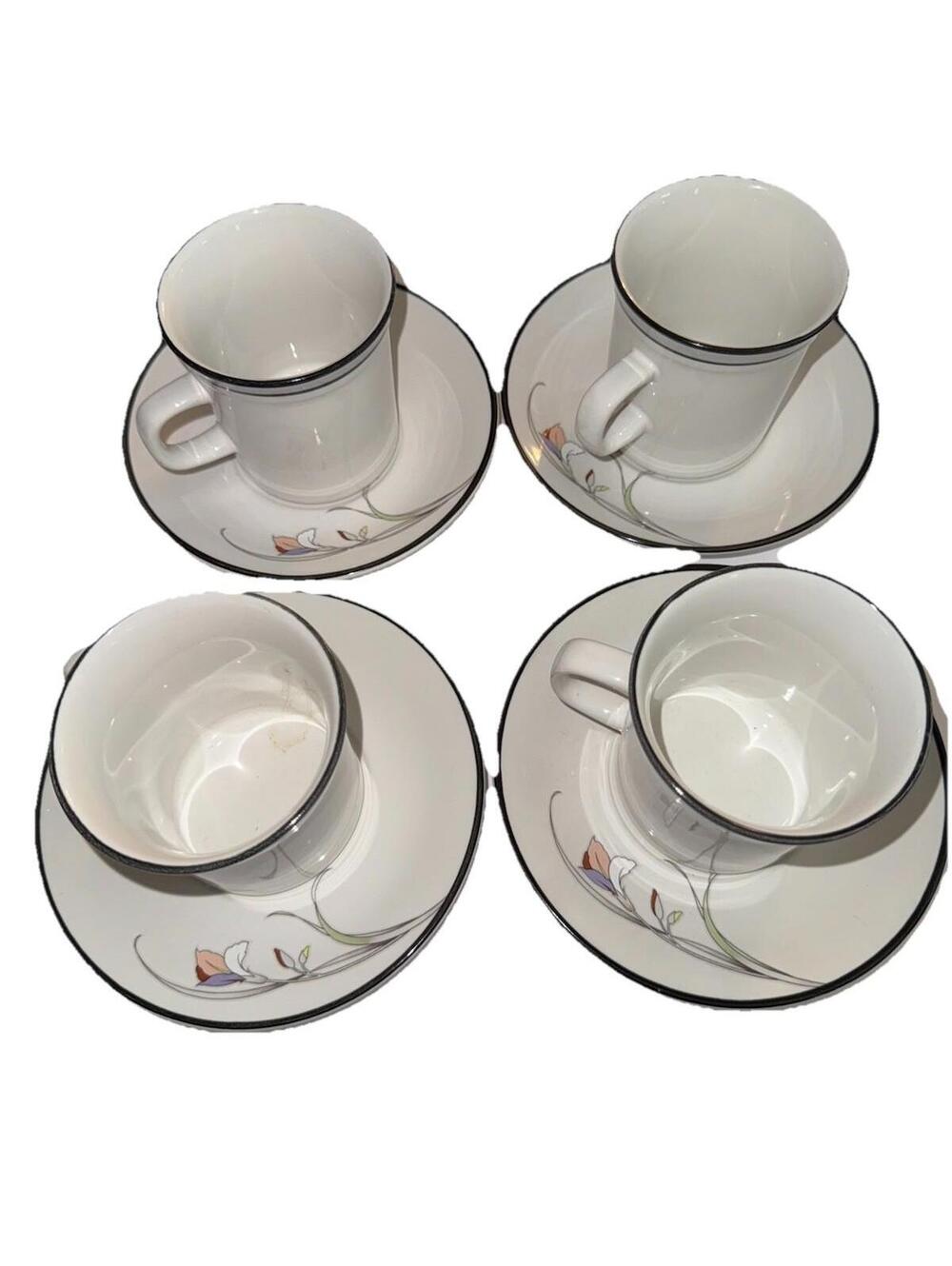Epoch Japan Stoneware Tea Cup and Saucer Set 4 Floral Iris Design White Black